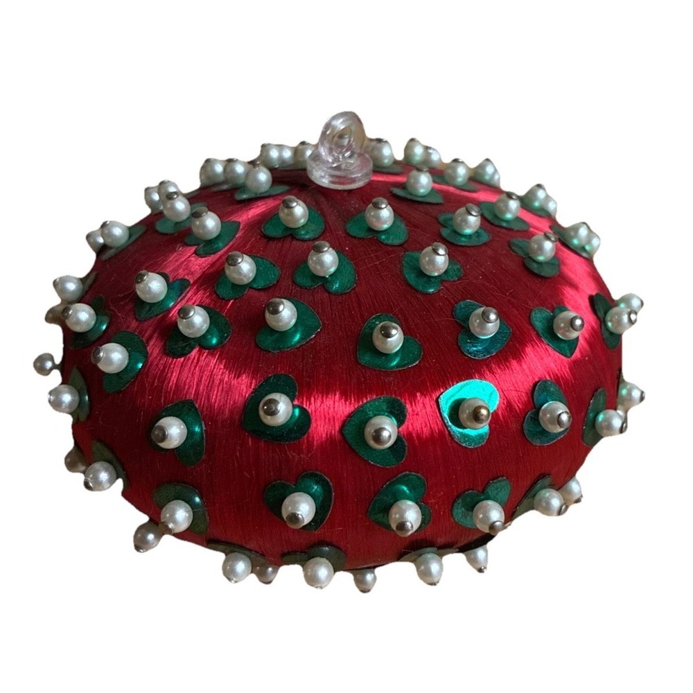 Vintage Push Pin Ornament Red Green Hearts Beaded Pearl Oval 3.5x2.5"
